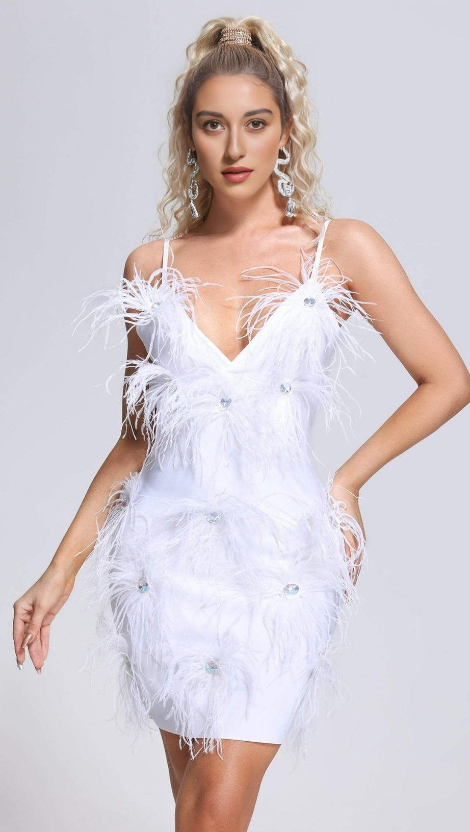 FEATHER BANDAGE MINI DRESS IN WHITE