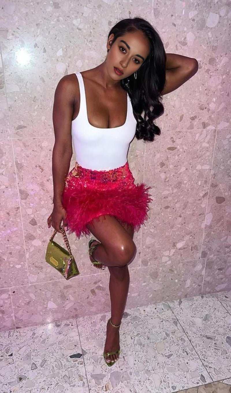 SEQUIN FEATHER MINI SKIRT