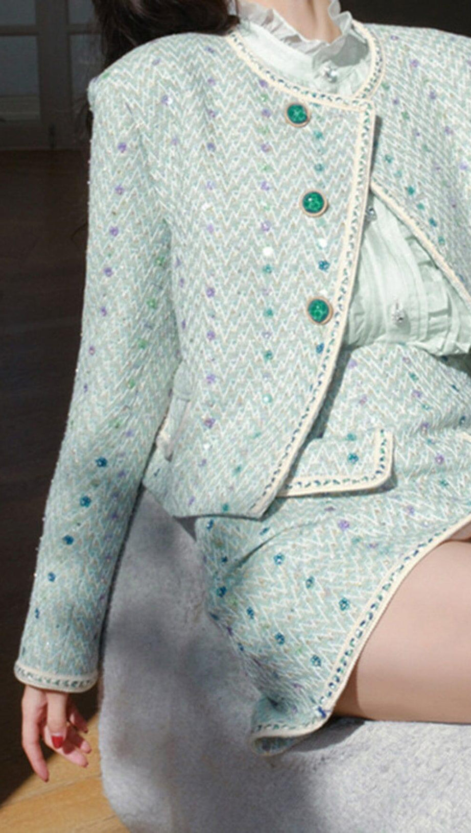 HEAVY SEQUIN EMBROIDERED SMALL FRAGRANT STYLE JACKET AND SKIRT