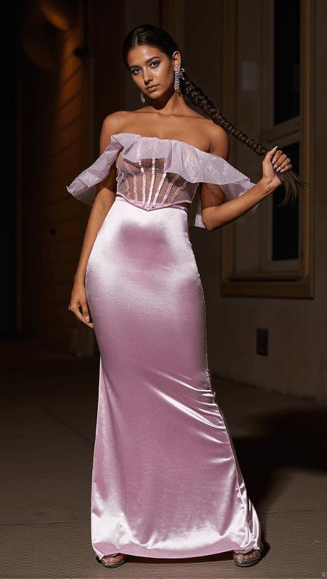 GARNET OFF SHOULDER CORSET SATIN SKIRT SET