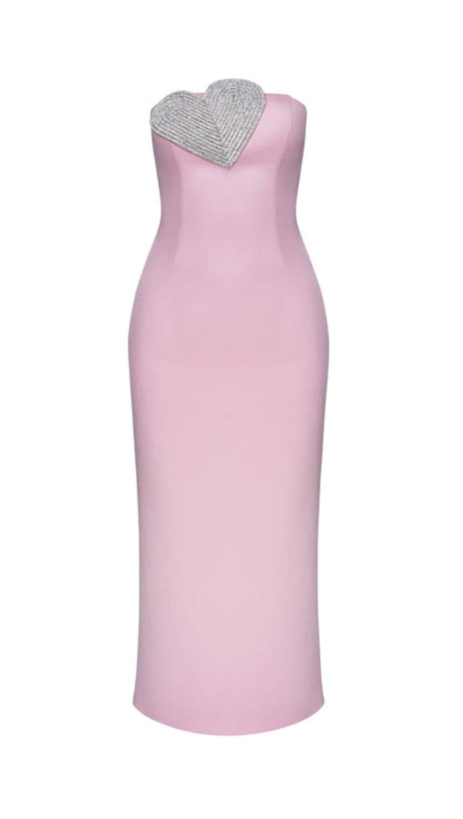 HEART-EMBELLISHED STRAPLESS COLUMN MIDI DRESS