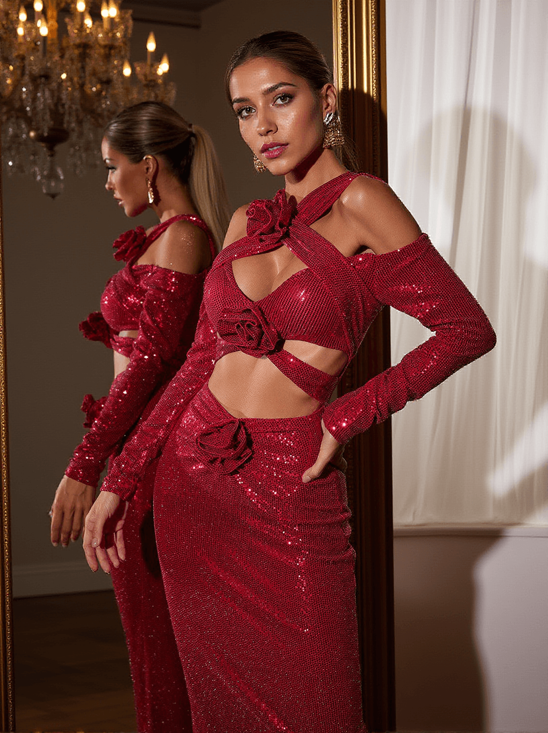 LOWEN FLOWER CUTOUT SEQUIN MAXI DRESS