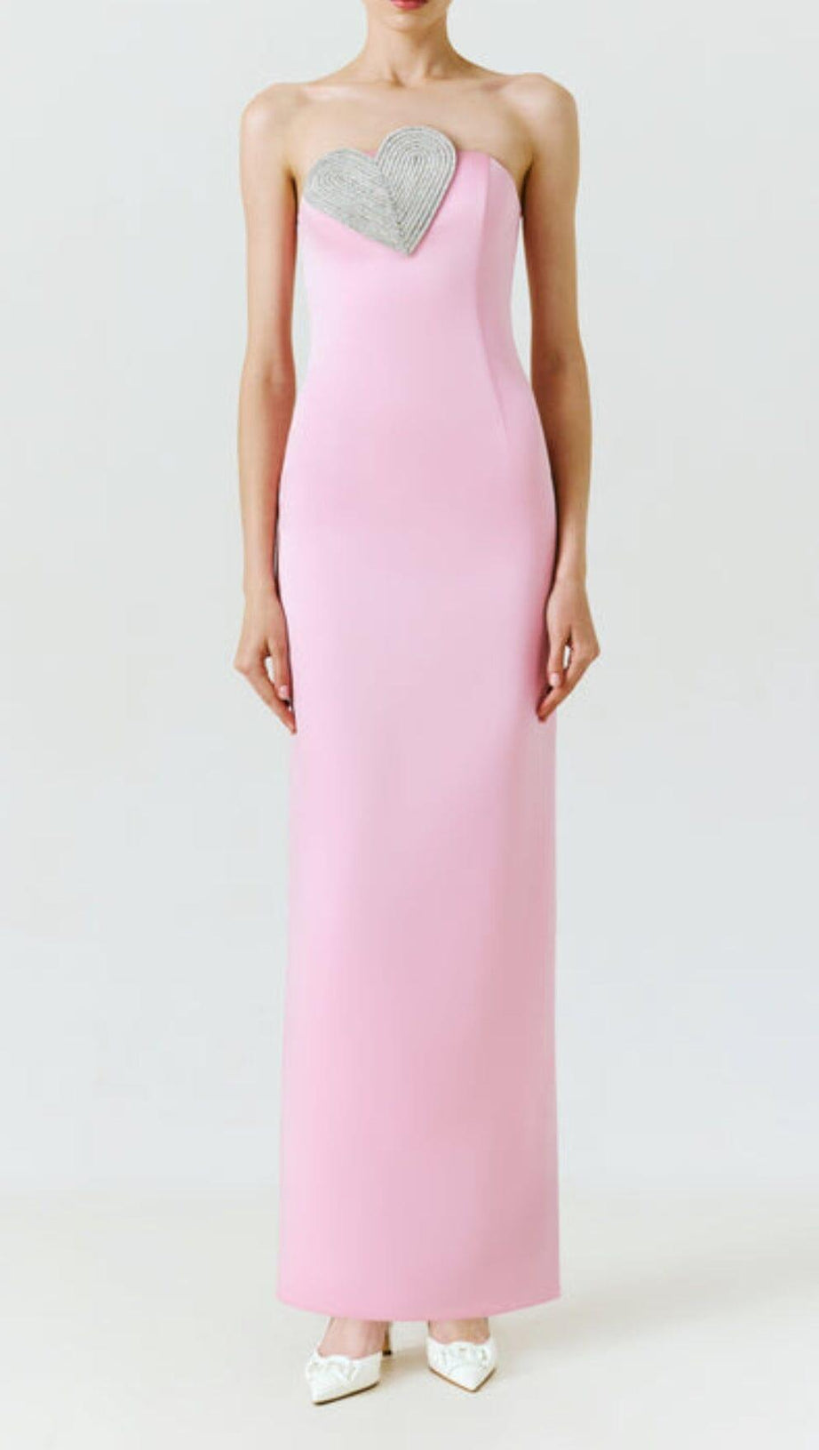 HEART-EMBELLISHED STRAPLESS COLUMN MIDI DRESS