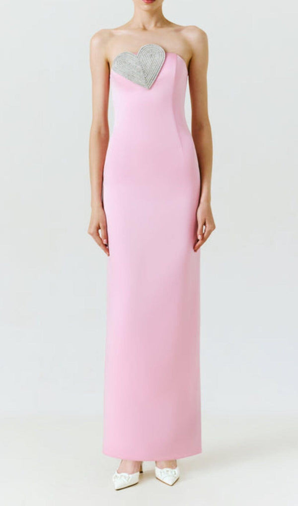 HEART-EMBELLISHED STRAPLESS COLUMN MIDI DRESS