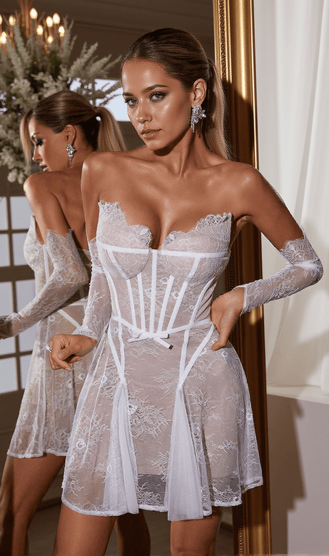 Wilma Strapless Corset Lace Mini Dress With Gloves