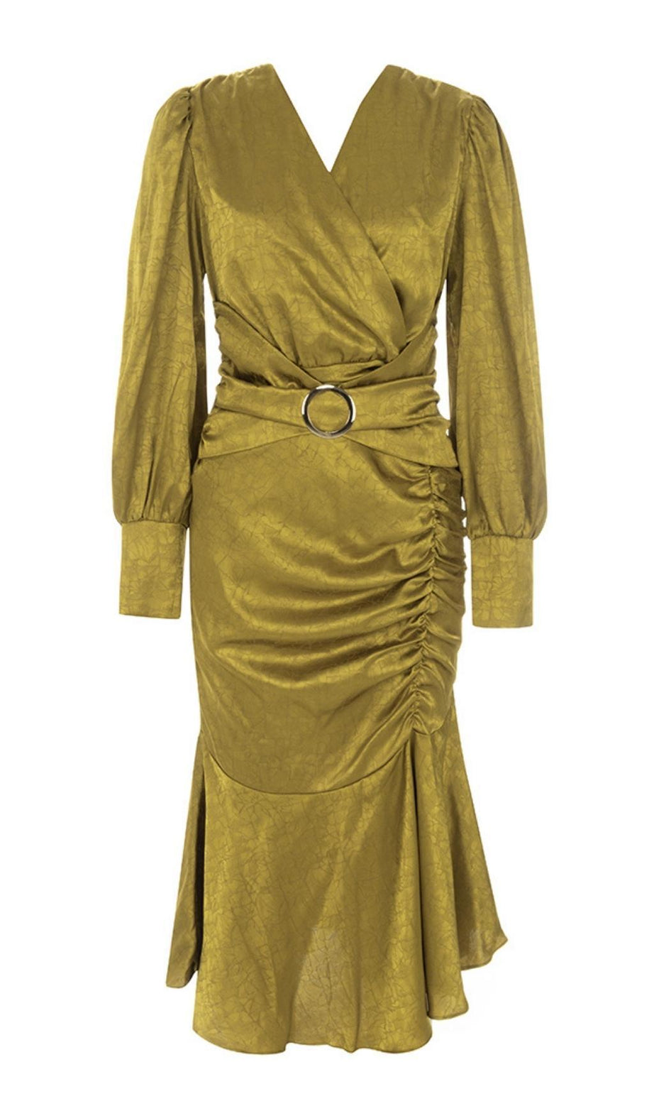 LANGÄRMELIGES MIDIKLEID MIT RÜSCHEN IN GELB