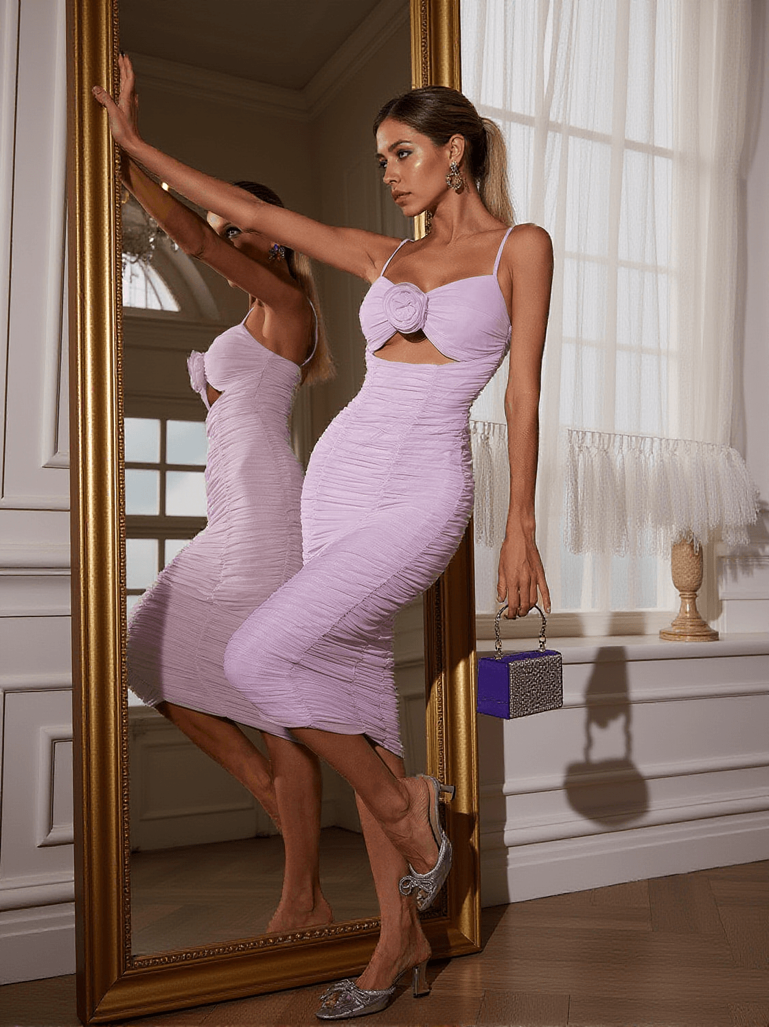 ABITO MIDI MONGA SPAGHETTI FIORI CON RUCHES