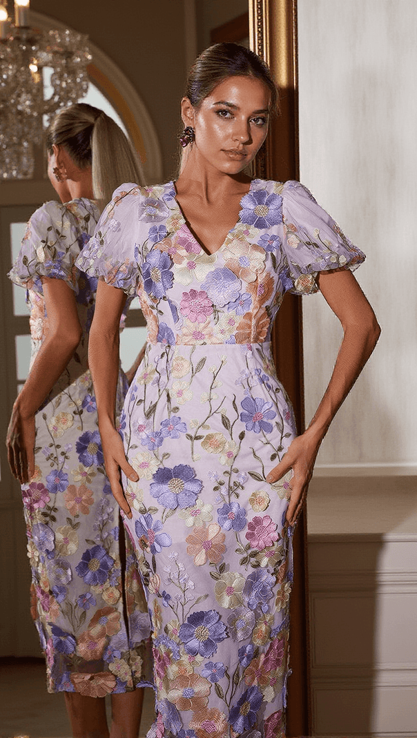 AIIZIE GRAYSON FLOWER EMBROIDERED MIDI DRESS IN PURPLE - product image