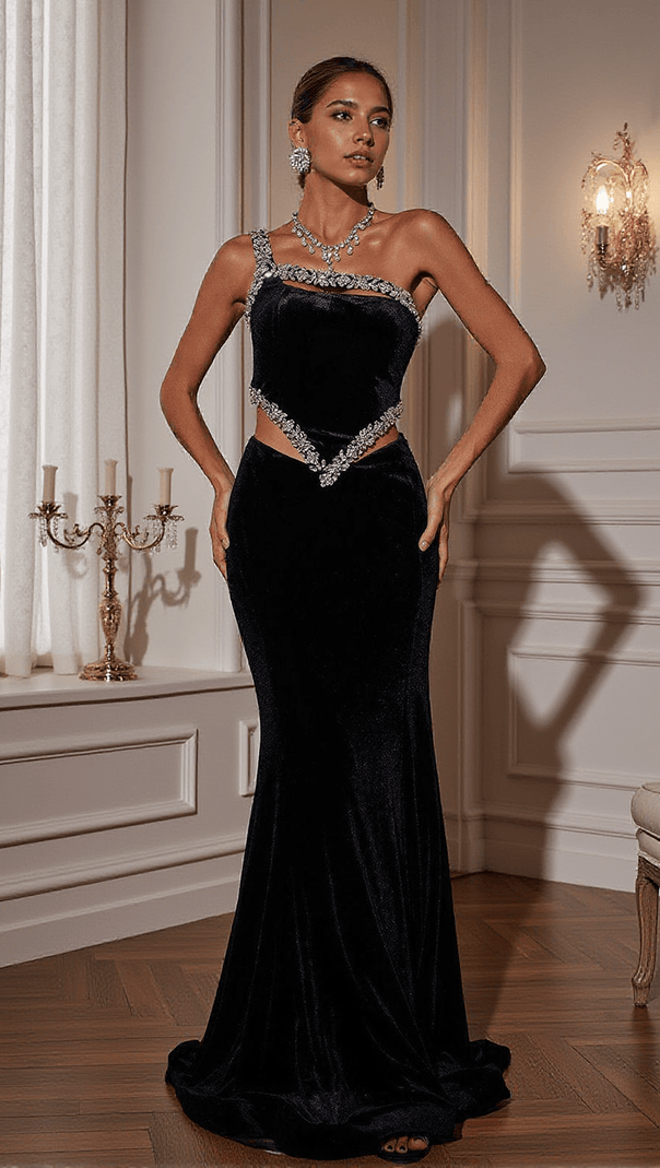 AIIZIE ELISSA FLORAL CRYSTAL CUTOUT VELVET MERMAID MAXI DRESS - product image