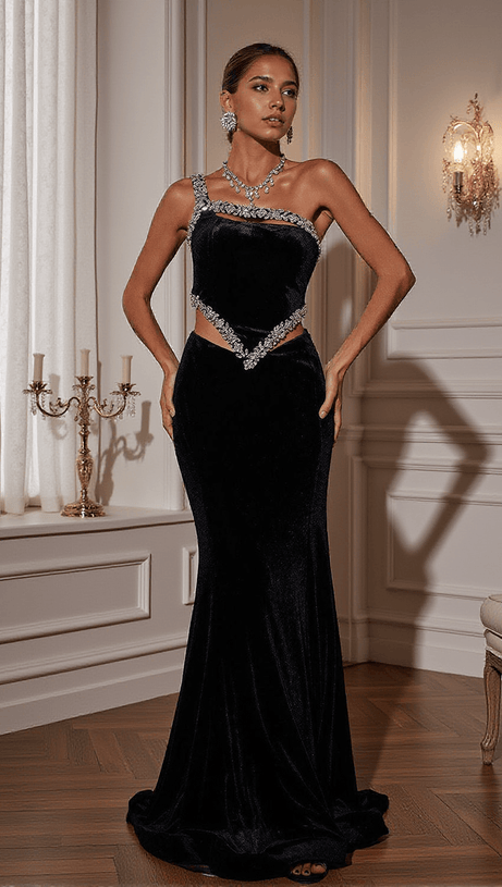 ELISSA FLORAL CRYSTAL CUTOUT VELVET MERMAID MAXI DRESS