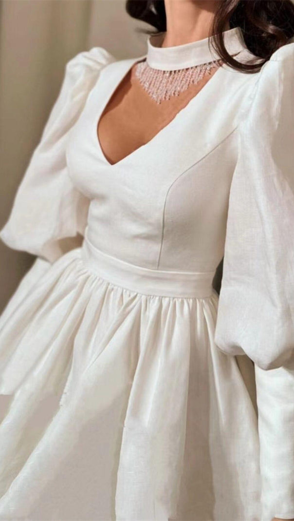 AIIZIE HALTERNECK V-NECK PUFF SLEEVE RHINESTONE FRINGE MINI DRESS - product image