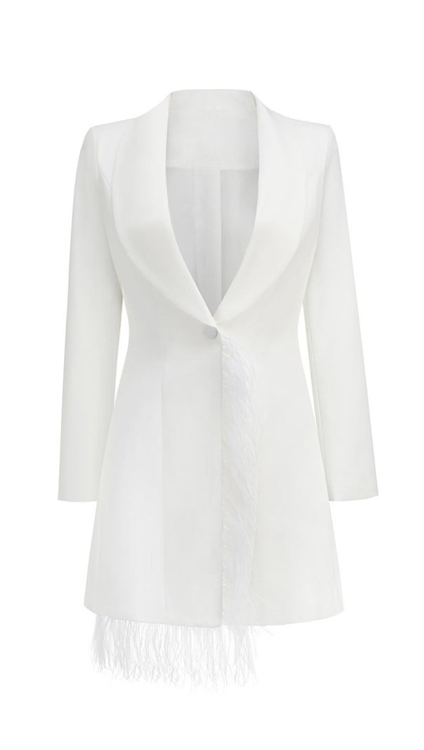 LANGÄRMELIGES MINIKLEID MIT FEDERN IN WEISS