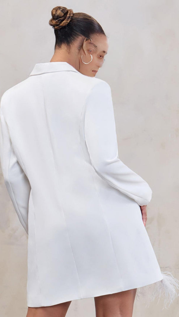 LANGÄRMELIGES MINIKLEID MIT FEDERN IN WEISS