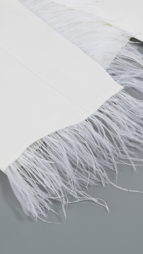 LANGÄRMELIGES MINIKLEID MIT FEDERN IN WEISS