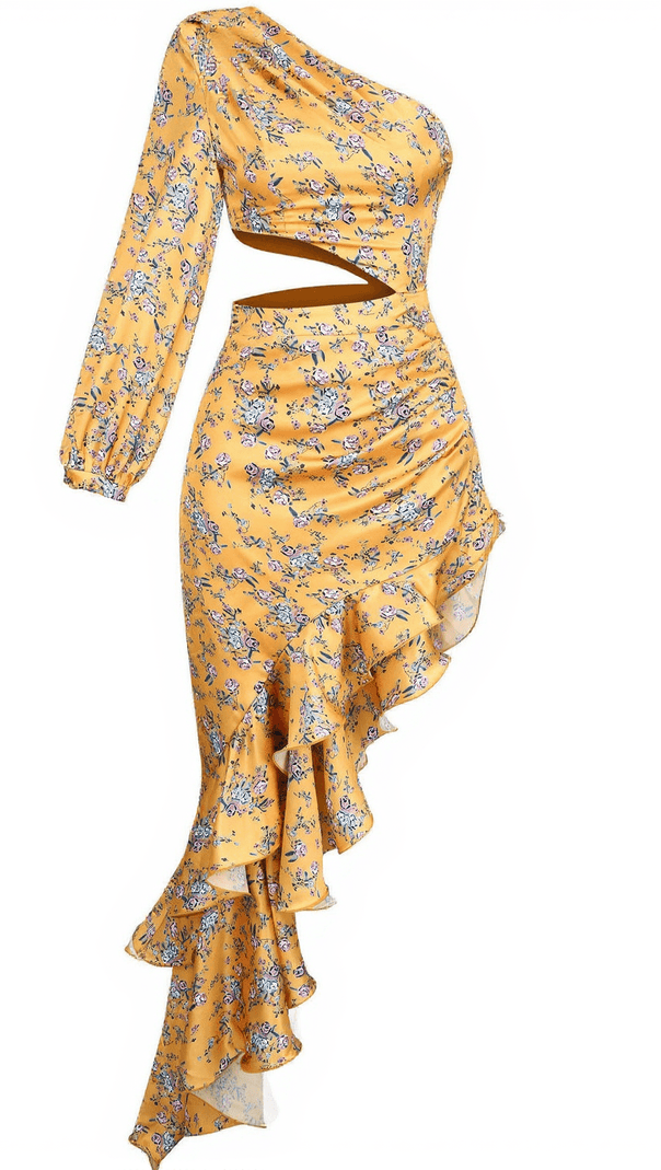 Aiyana – Gelbes Maxikleid mit One-Shoulder-Träger und Blumenmuster