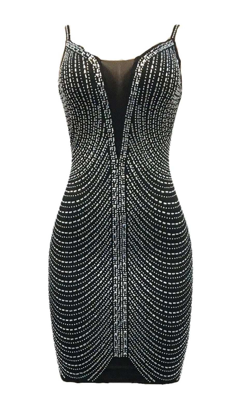 MINI ABITO CON PAILLETTES E BENDAGGI IN NERO