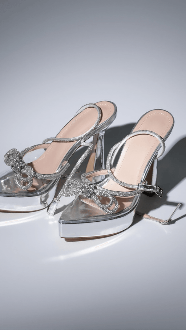 AIIZIE ANOUK BOW CRYSTAL HEELS IN SILVER - product image