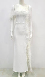 FEATHER STRAPLESS MAXI DRESS IN WHITE