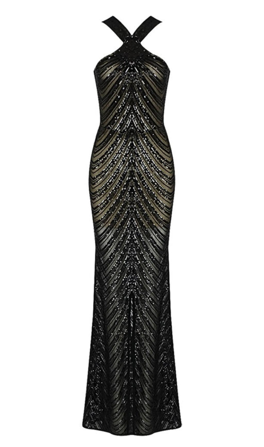 ABITO LUNGO CON PAILLETTES E SCOLLO A V NERO