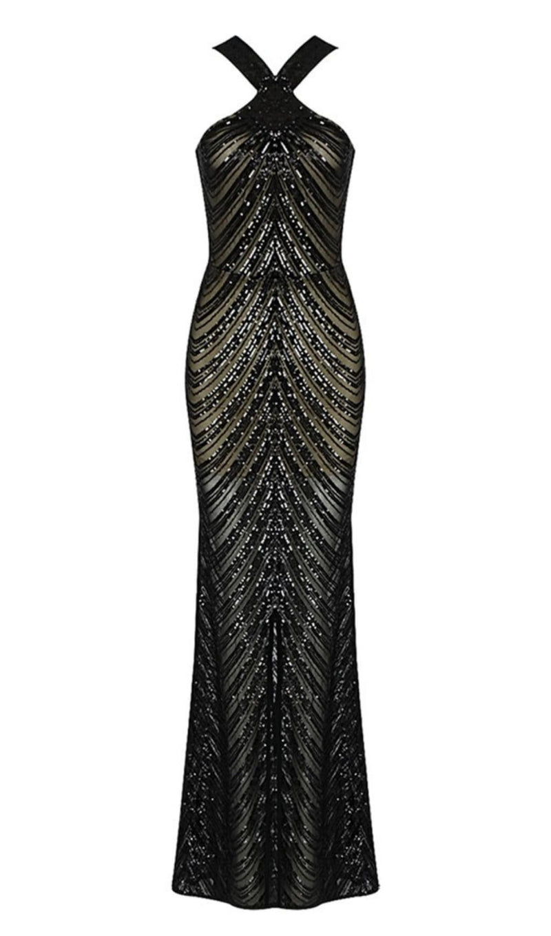 HALTER SEQUIN MAXI DRESS IN BLACK