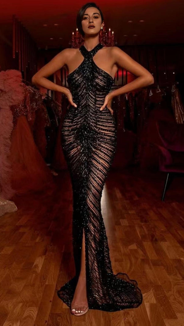 AIIZIE HALTER SEQUIN MAXI DRESS IN BLACK - product image