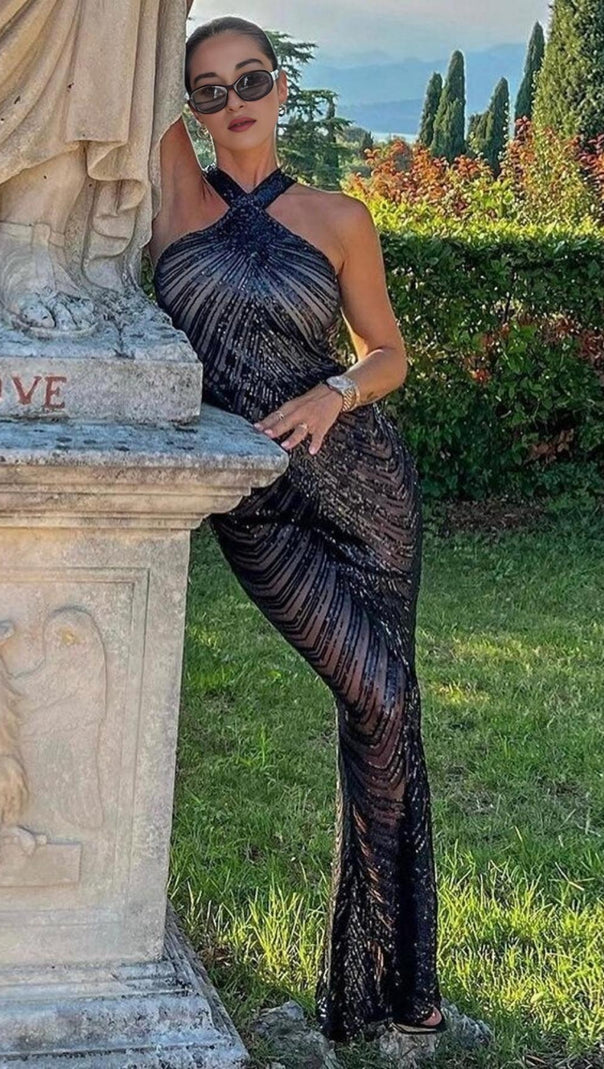 AIIZIE HALTER SEQUIN MAXI DRESS IN BLACK - product image