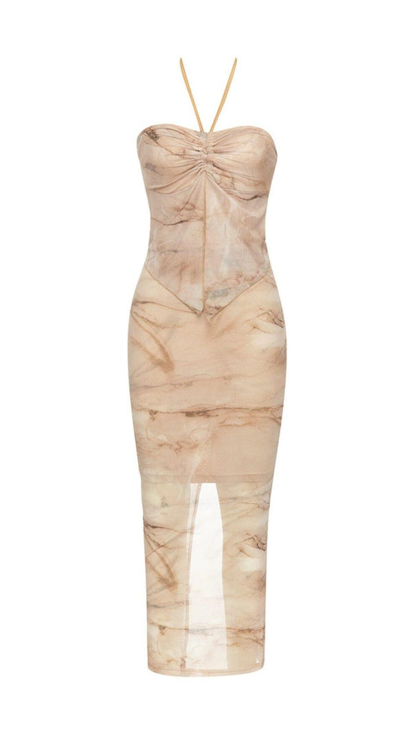 AIIZIE HALTERNECK LACE PANELED BACK SLIT DRESS - product image