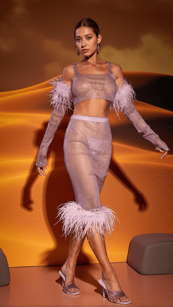 AIIZIE AVERY MESH DIAMOND FEATHER TRIMMED SKIRT SET - product image