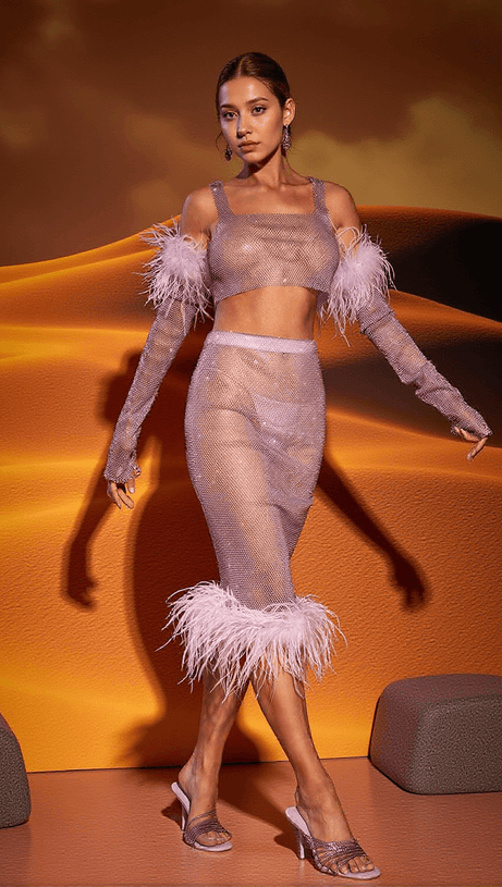 AVERY MESH DIAMOND FEATHER TRIMMED SKIRT SET