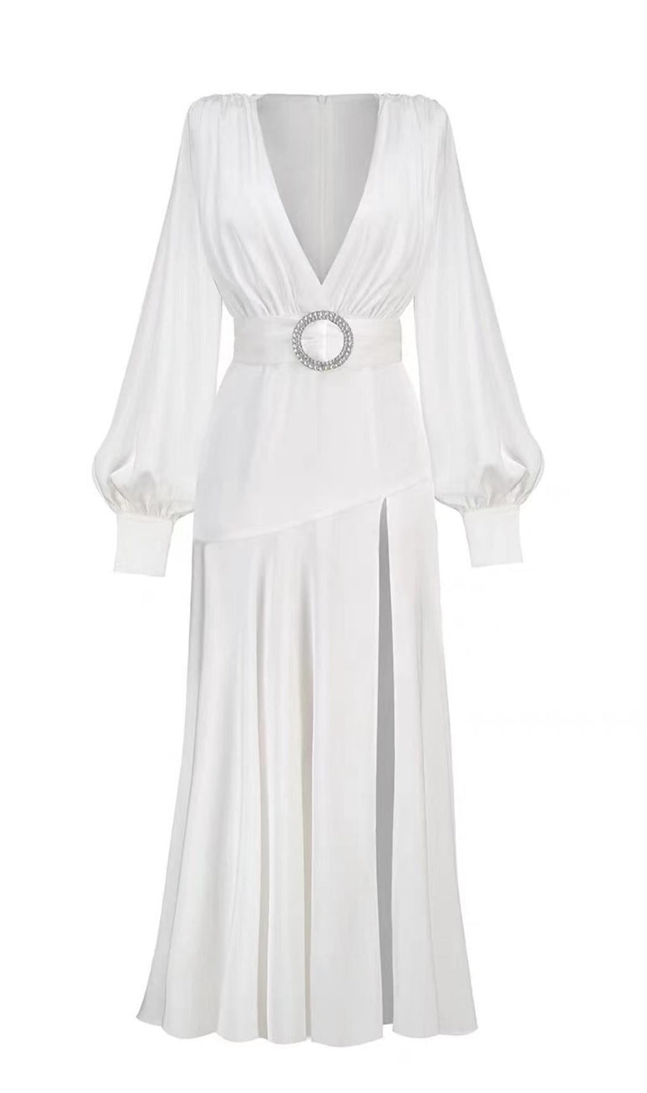 ABITO LUNGO A MANICHE LUNGHE CON SCOLLO A V IN BIANCO