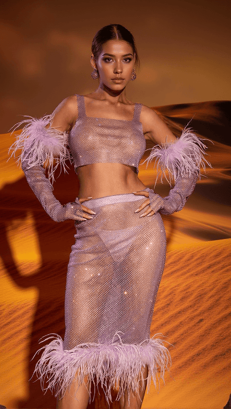 SET GONNA CON BORDI IN PIUME E DIAMANTI AVERY MESH