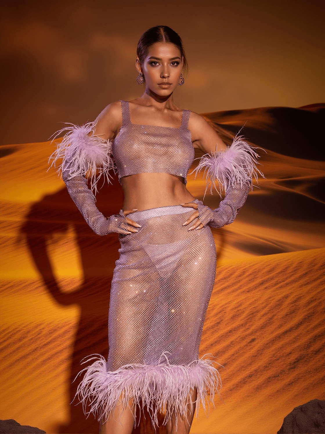 SET GONNA CON BORDI IN PIUME E DIAMANTI AVERY MESH