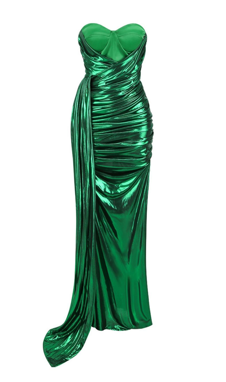 ABITO LUNGO SENZA SPALLINE CON RUCHES IN VERDE