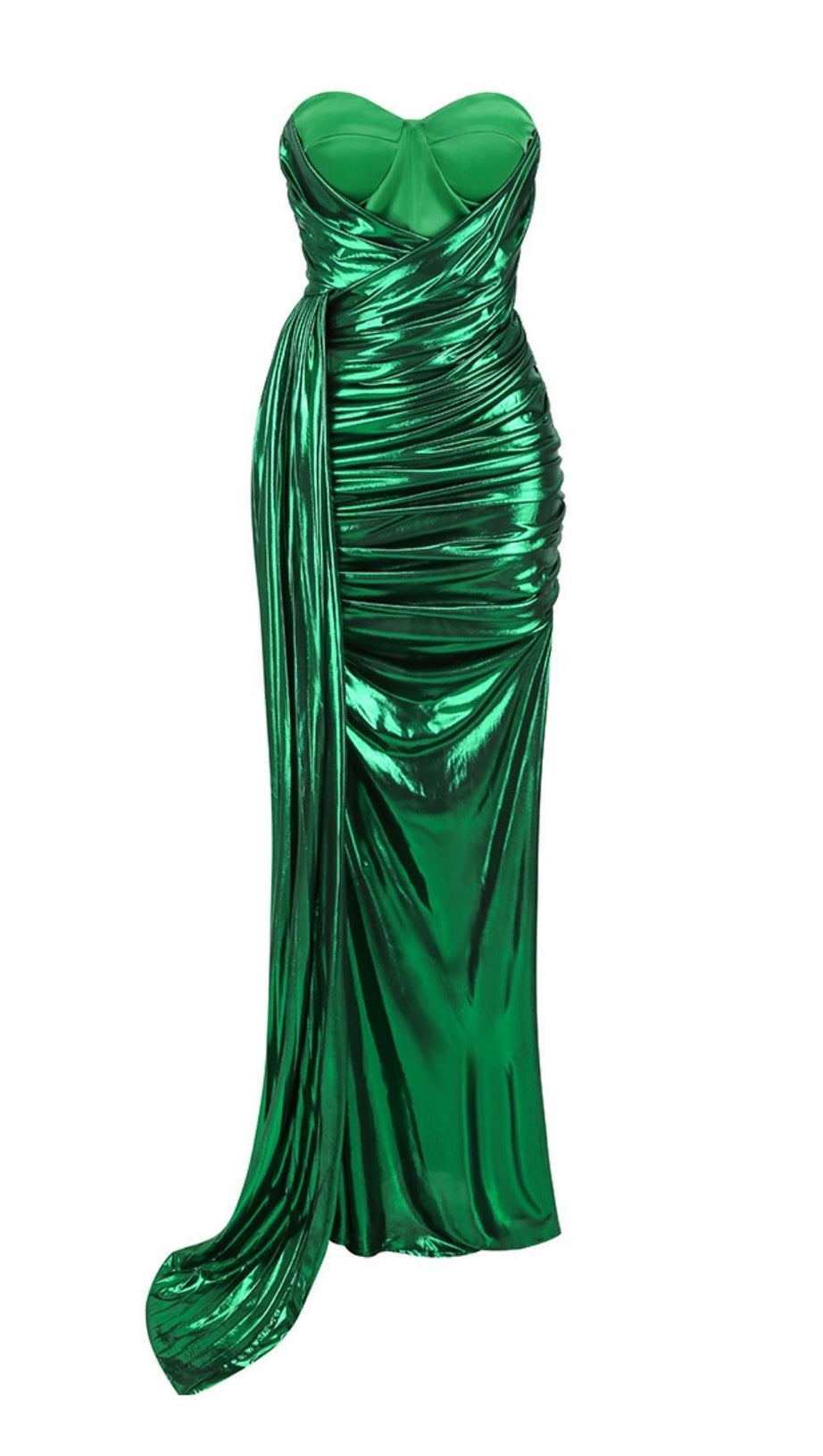 ABITO LUNGO SENZA SPALLINE CON RUCHES IN VERDE