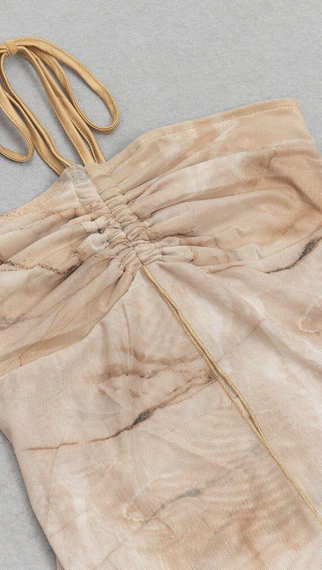 HALTERNECK LACE PANELED BACK SLIT DRESS