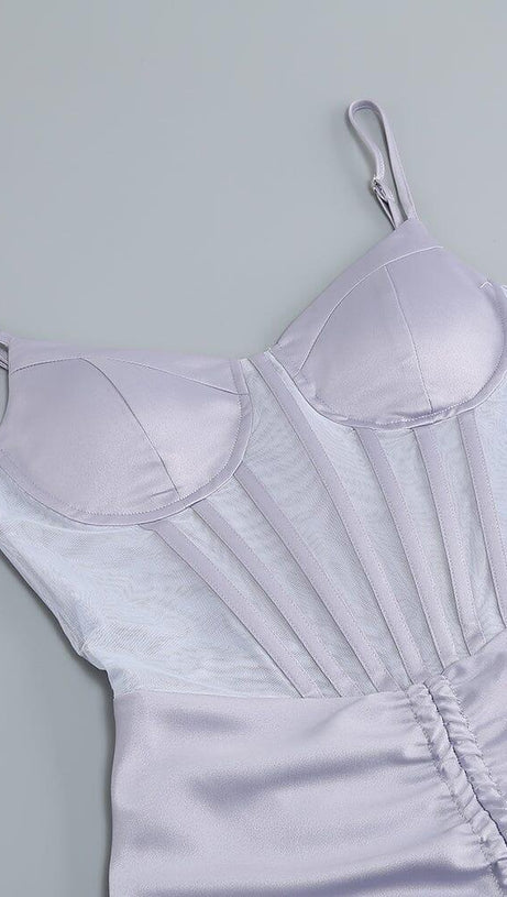 MINK SATIN SWEETHEART NECK CORSET FRONT SPLIT MAXI DRESS