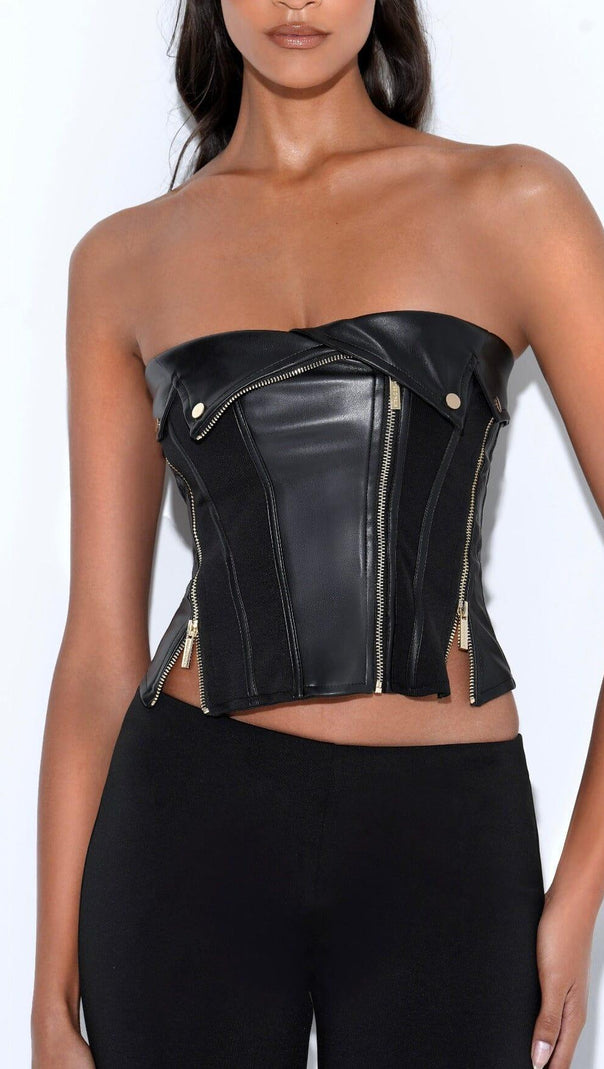AIIZIE MERLINA BLACK VEGAN LEATHER BUSTIER TOP - product image