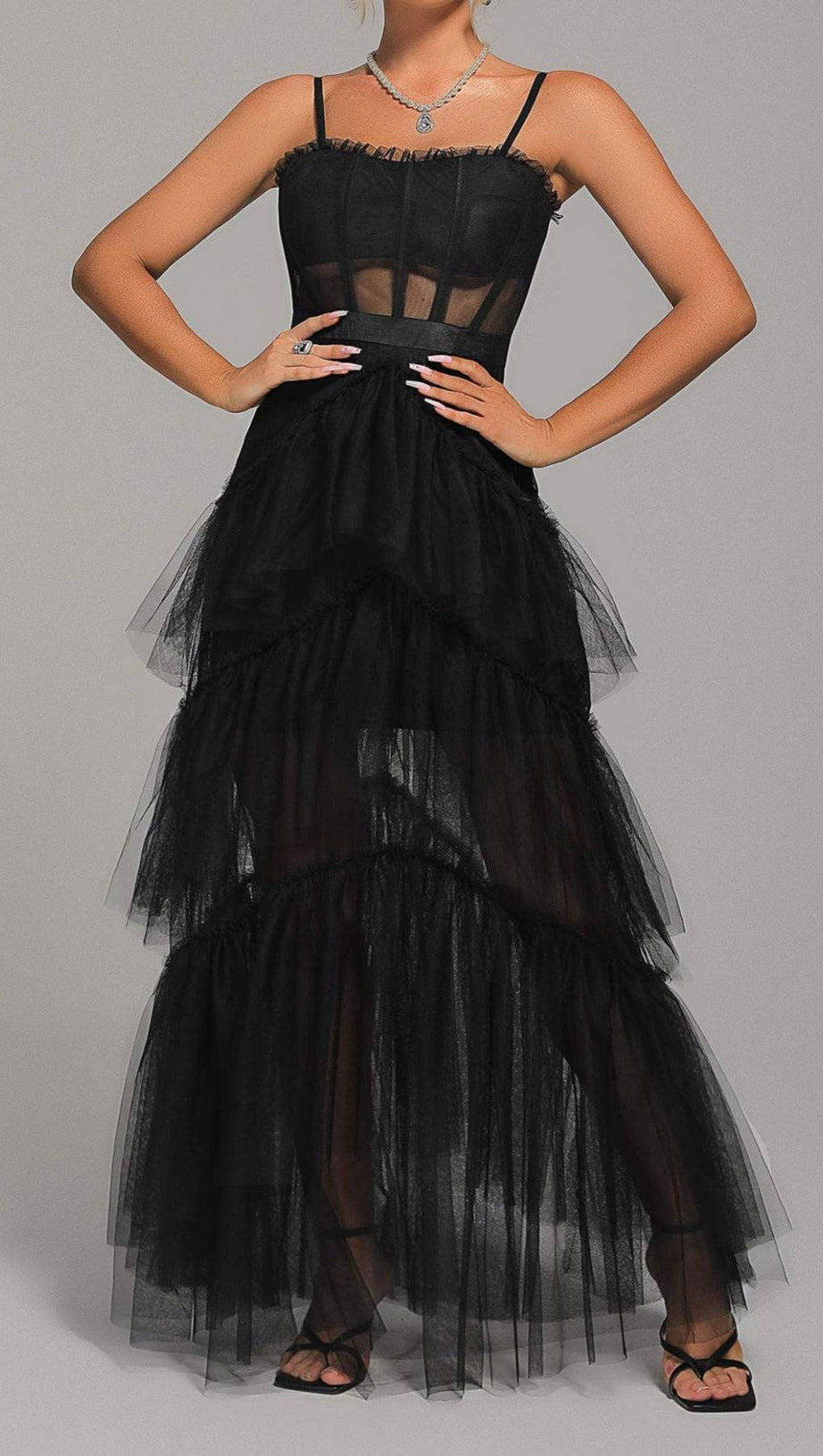 Mesh-Maxikleid in Schwarz