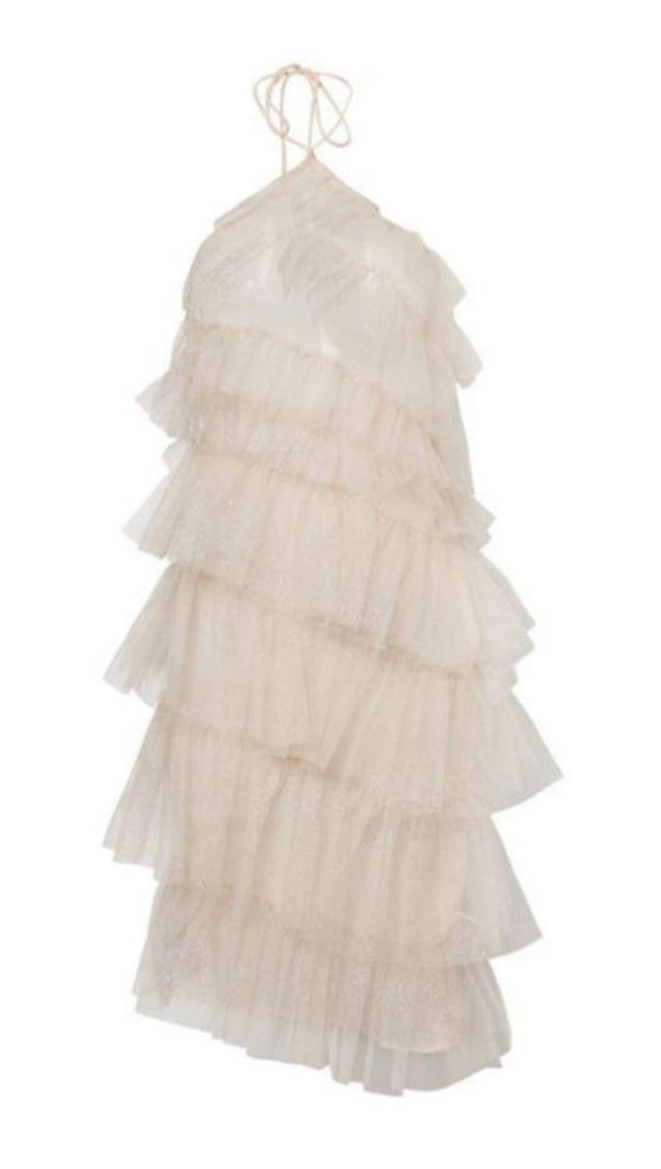 MINI ABITO POMPOSO IN GARZA CON PAILLETTES BIANCO