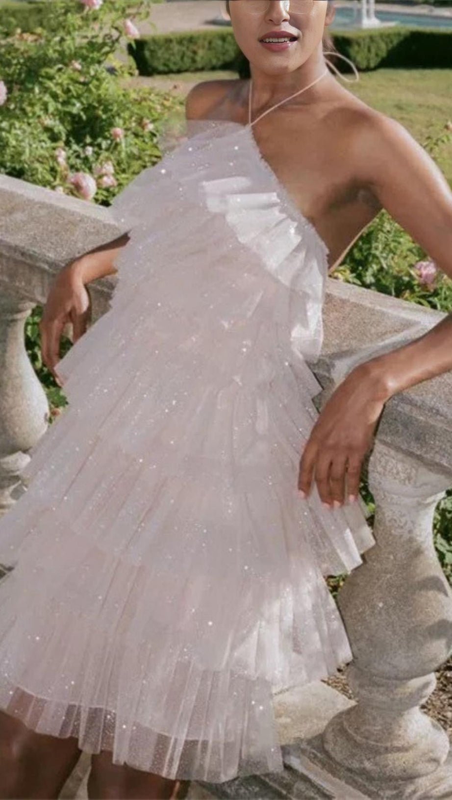 POMPOLES GAUZE-PAILLETTEN-MINIKLEID IN WEISS