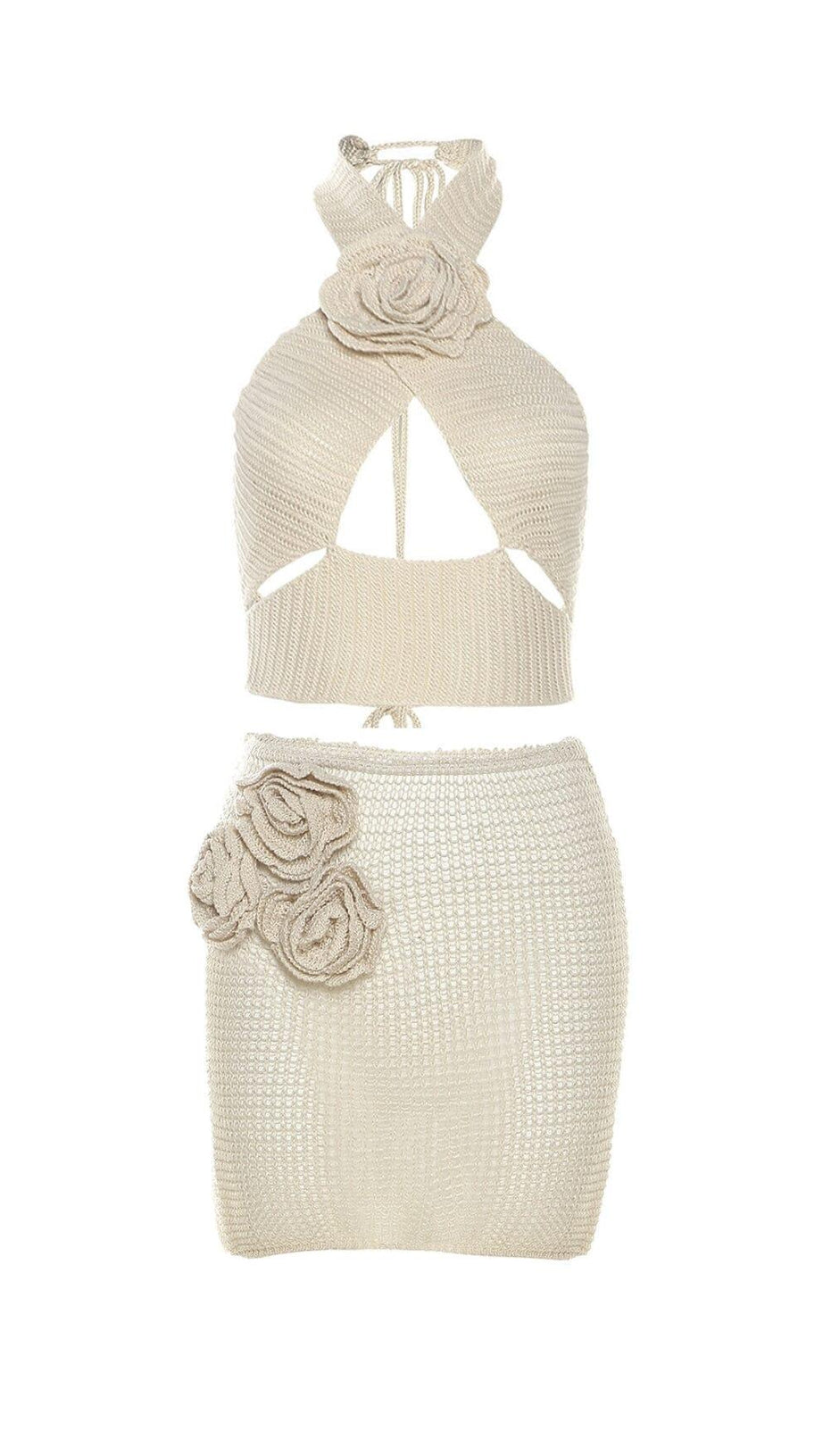 HALTERNECK KNITTED FLOWER SKIRT SET IN APRICOT