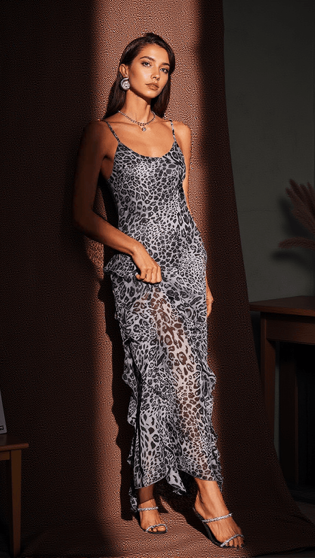 ABITO LUNGO CON VOLANT E LEOPARDO SPAGHETTI ARCHIBALD