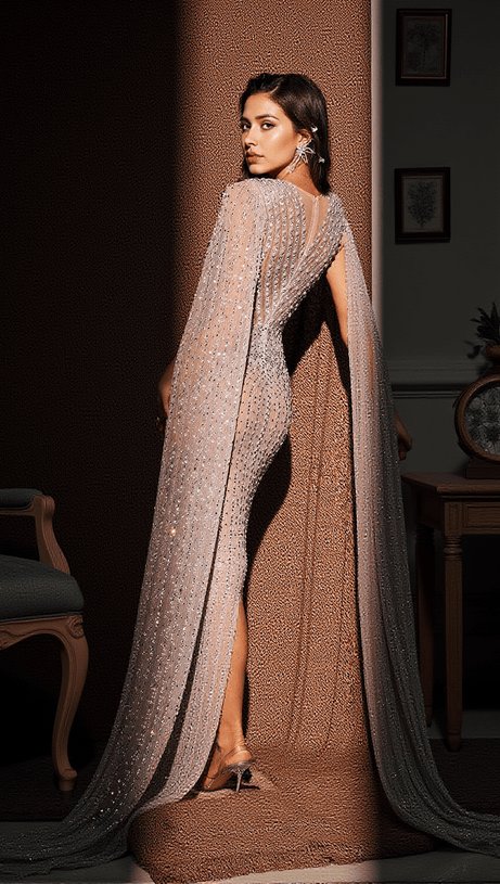 ABITO LUNGO CON MANTELLA E STRASS CHIARA