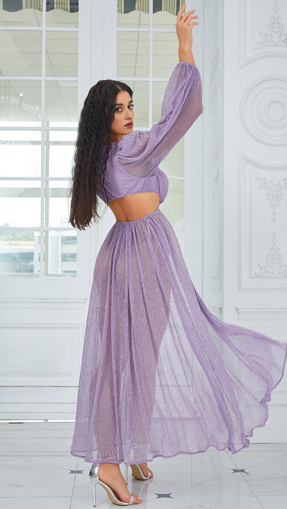 LONG SLEEVE V NECK MAXI DRESS IN PURPLE