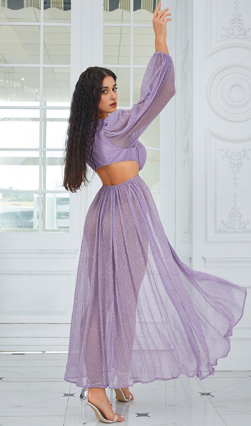 LONG SLEEVE V NECK MAXI DRESS IN PURPLE