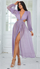 LONG SLEEVE V NECK MAXI DRESS IN PURPLE