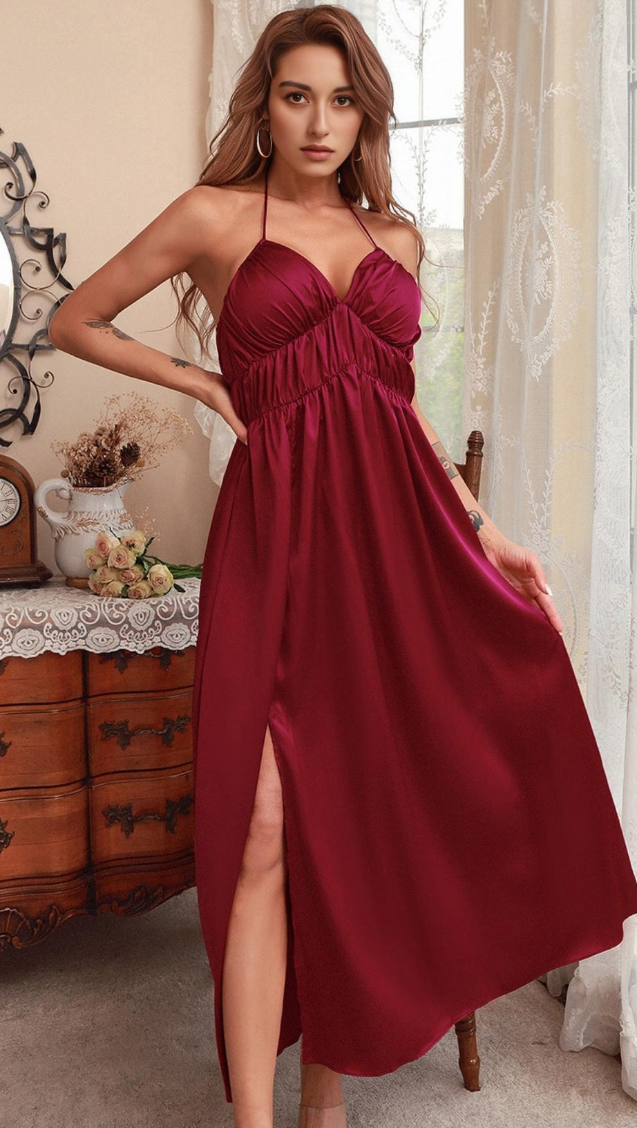 BANDAGE RUCHED MAXI DRESS IN RED