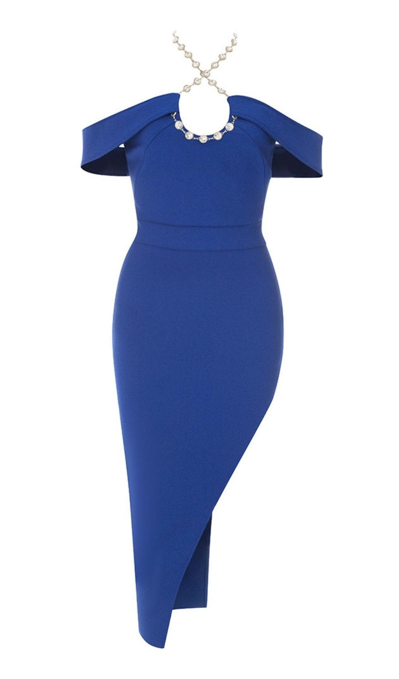 HALTER BACKLESS MIDI DRESS IN BLUE