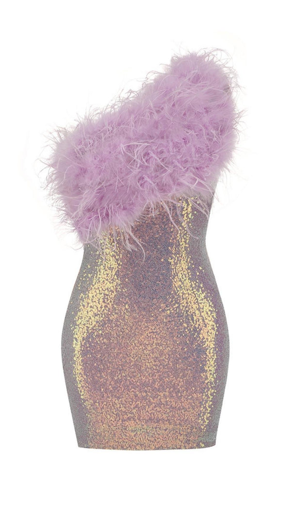 AIIZIE PURPLE ONE SHOULDER SEQUIN FEATHER MINI DRESS - product image