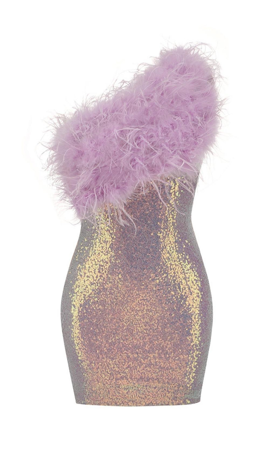 ABITO CORTO MONOSPALLA CON PIUME E PAILLETTES VIOLA